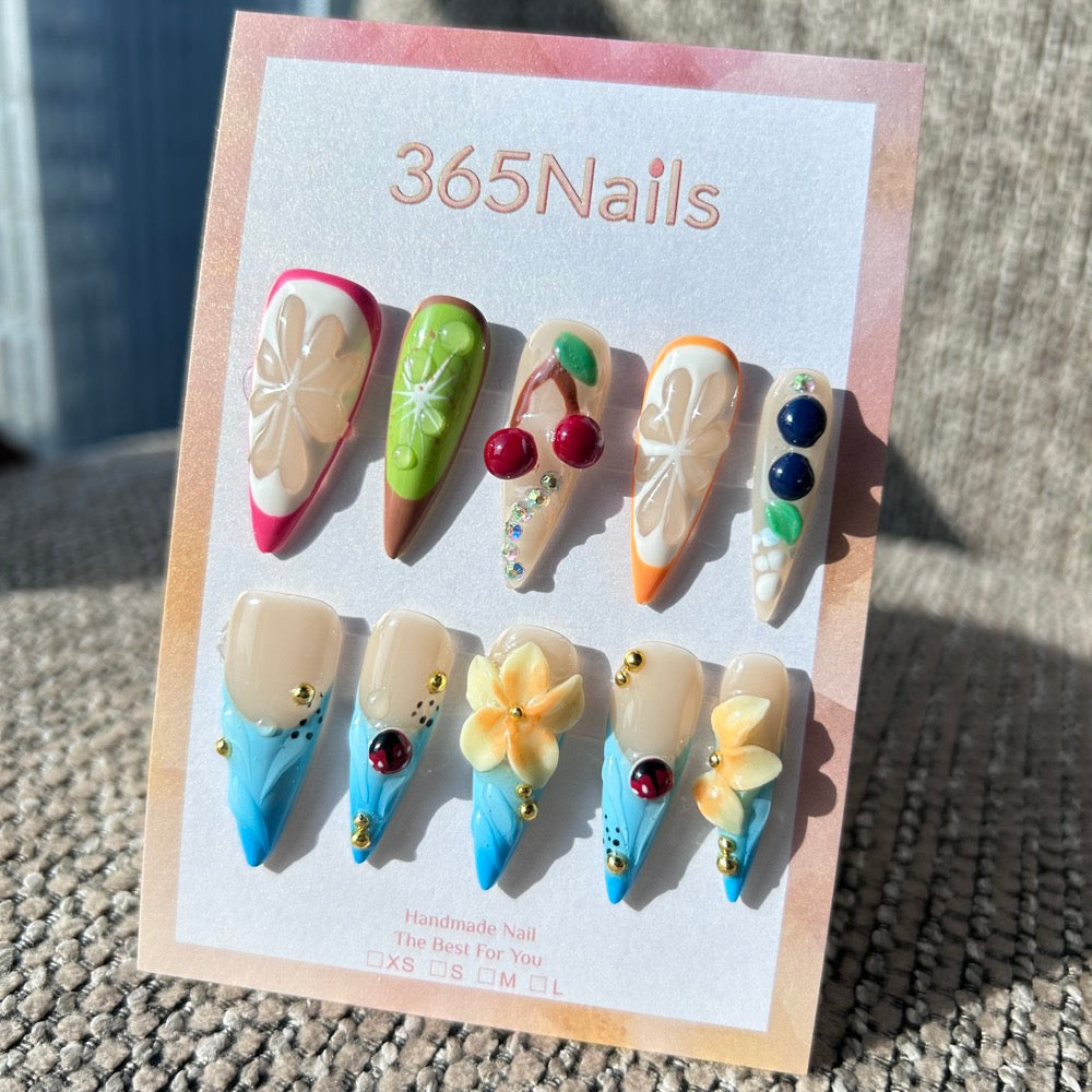Sculpted Flora: "Juicy Fruit Punch" – 3D Cherries, Citrus Slices & Blueberries Mix-Match Stiletto Nails