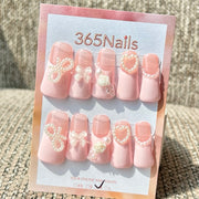 365nails: "Pink Pearl Bow Flower Medium" – Handmade Medium Trapezoid Press-On Nails