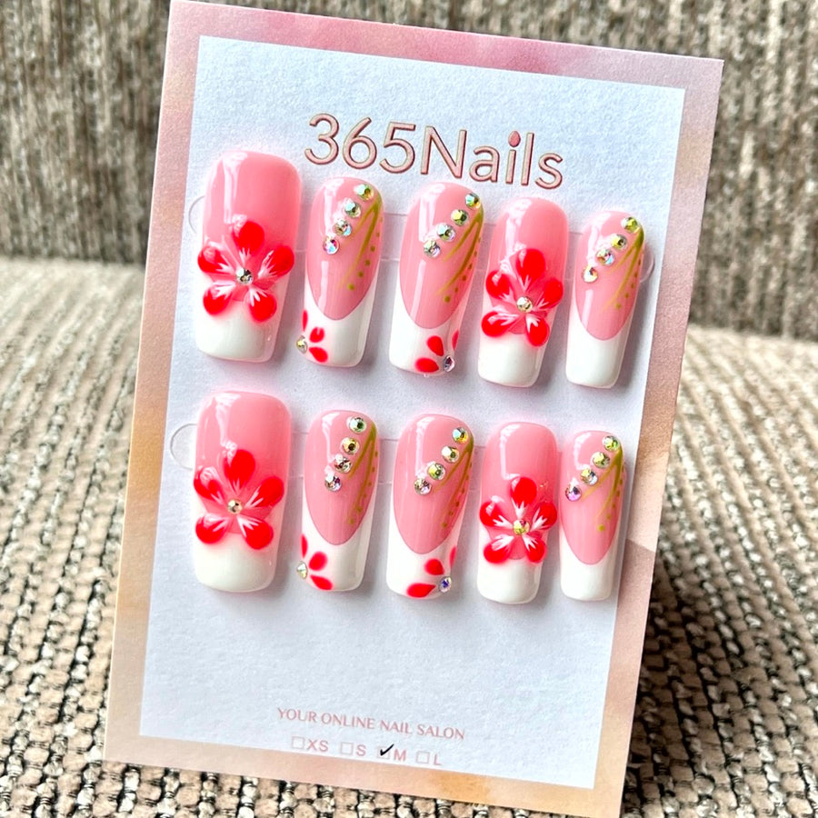 365nails: "Cherry Blossom French" – Handmade Medium Square Press-On Nails