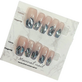 Unhas postiças removíveis com acabamento em remendo, feitas à mão, em azul-céu estrelado e brilhante, com diamantes brilhantes, atacado｜365nails