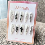 Femme Fatale: "Sacred Ink" – Milky White Base with Black Cyber Sigilism, Gothic Lettering & Tattoo Art Long Almond Nails
