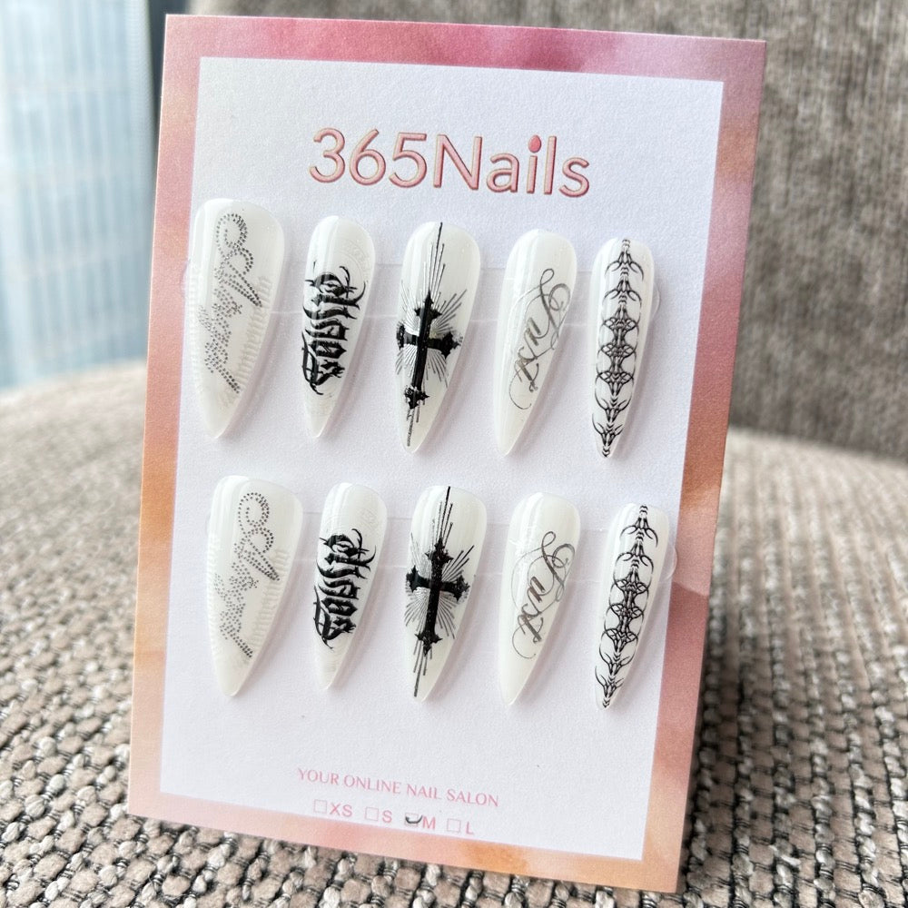 Femme Fatale: "Sacred Ink" – Milky White Base with Black Cyber Sigilism, Gothic Lettering & Tattoo Art Long Almond Nails