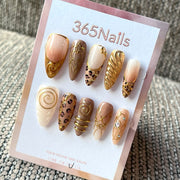 Champagne Spiral Luxe - Gold Brown Swirl Press-On Nails