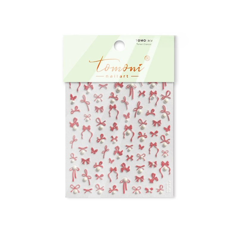 Embossed Bow Nail Stickers – Red & Metallic Pearl Set