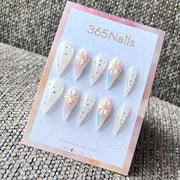 White Stiletto Press-On Nails with 3D Flowers and Polka Dots