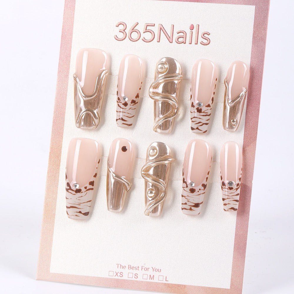 365nails latte leopard with metallic swirl french press-onsSold in packs of 5. Minimum order: 1 pack (5 pcs). Quantity = number of packs. Qty 1 = 5 pcs