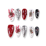 Uñas postizas largas 365nails, diseño de lazo escarlata 3D pintado a mano.