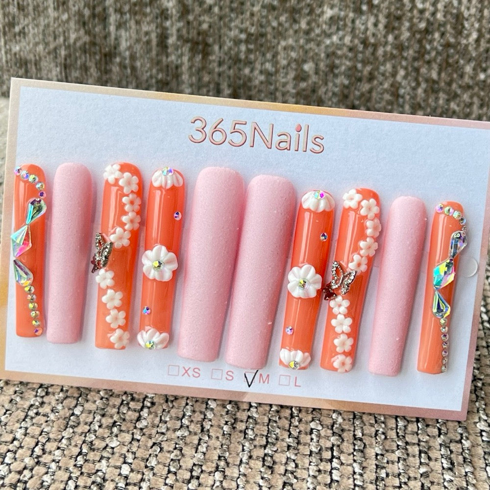 365nails: "Peach Blossom Garden" – 3D Floral & Velvet Handmade Coffin Nails