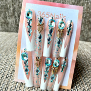365nails: "Royal Teal" – 3D Gem & Glitter Handmade Stiletto Nails