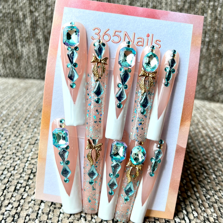 365nails: 왕실 청록 — 3D 보석 & 글리터 수제 스틸레토형 네일