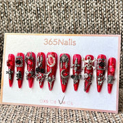 365nails：哥德風紅色骷髏、蜘蛛、十字架與玫瑰 — 手工製穿戴甲