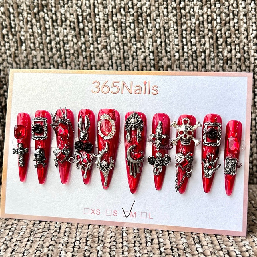 365nails: "Gothic Red Skull Spider Cross Rose" – handmade press-on nails