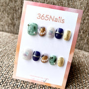 365nails: "鍍金綠洲" – 3D 珠飾與金屬質感手工製短款方形甲片