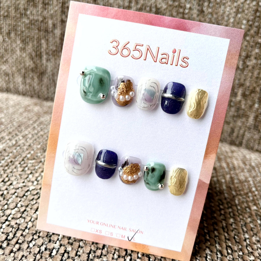 365nails: "Gilded Oasis" – 3D Jewelry & Textured Metallic Handmade Short Square Nails