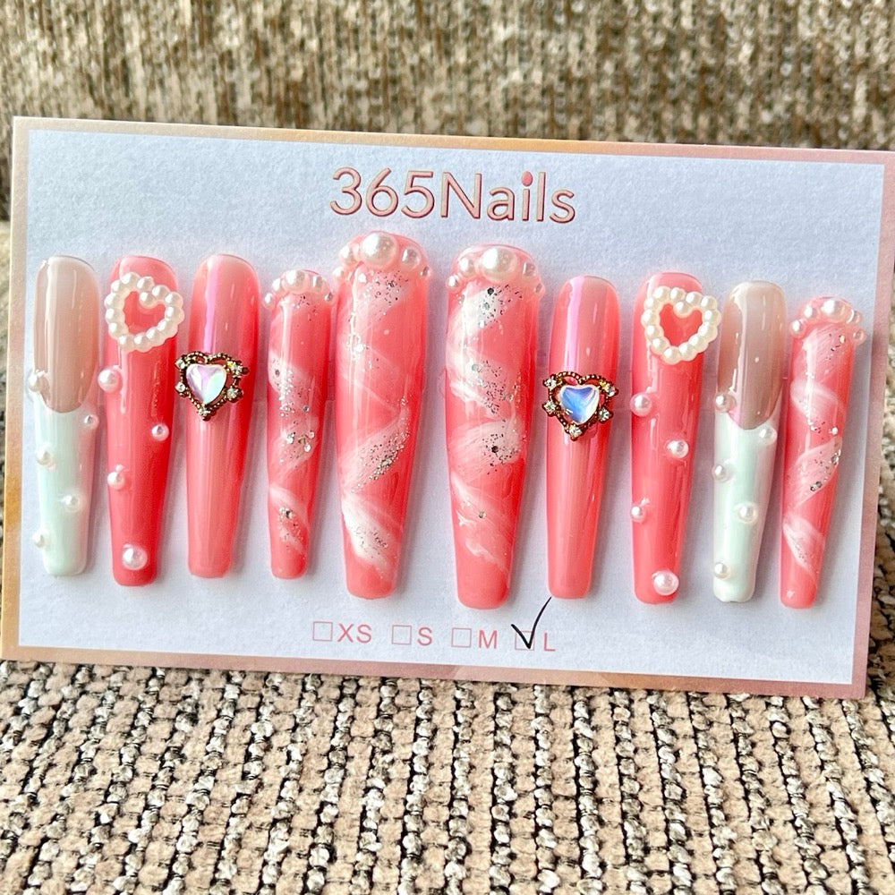 365nails: "Pink Heart Pearl" – Handmade Long Stiletto Press-On Nails