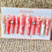 365nails: "Pink Heart Pearl" – Handmade Long Stiletto Press-On Nails