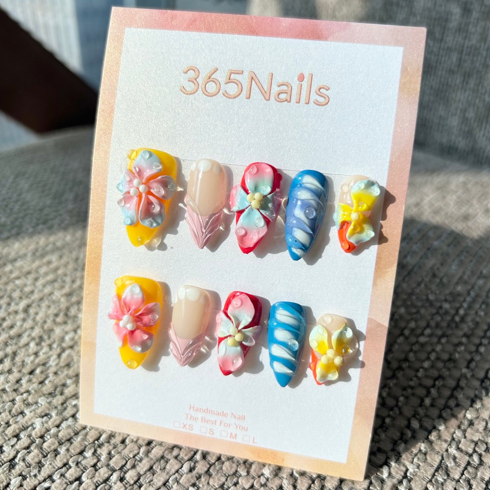 Handmade "Tropical Sherbet" 3D Floral Press-on Nails | Yellow, Red & Blue | Short Stiletto | 10pcs Set