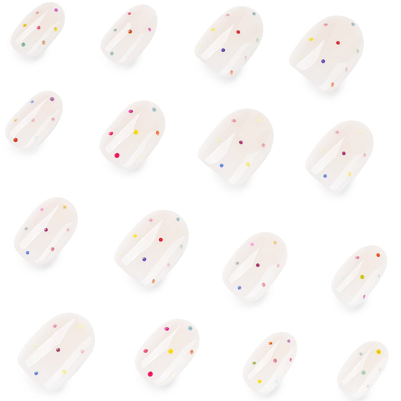 Collection of press-on nails viewed from the back with colorful dot designs.