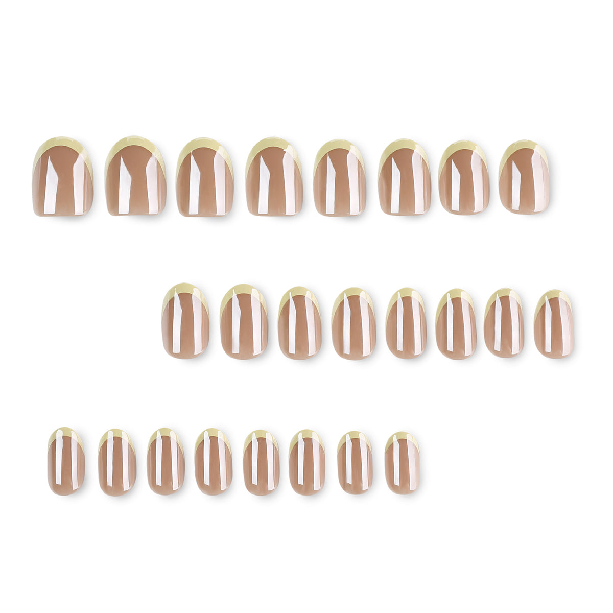 Set of 24 nude press-on nails with yellow French tips arranged in rows
