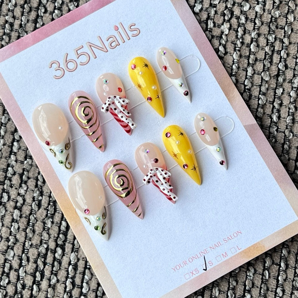 Handmade Stiletto Press-On Nails with 3D Charms & Graphic Designs