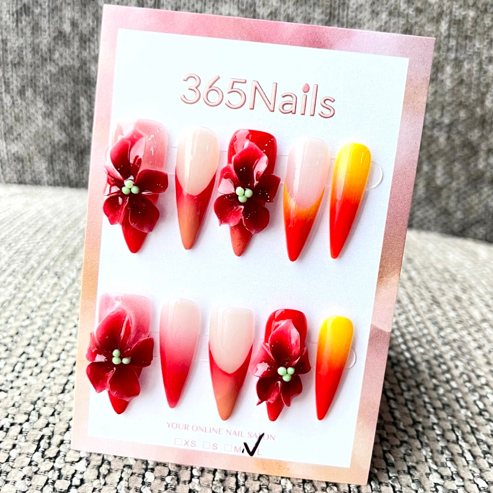 365nails: "Crimson Bloom" – 3D 꽃 장식 수제 스틸레토형 네일
