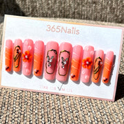 365nails: "Sweet Bloom" – 3D Floral & Rabbit Handmade Long Coffin Nails
