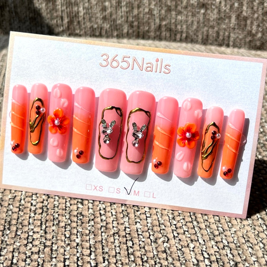 365nails: "Sweet Bloom" – 3D Floral & Rabbit Handmade Long Coffin Nails