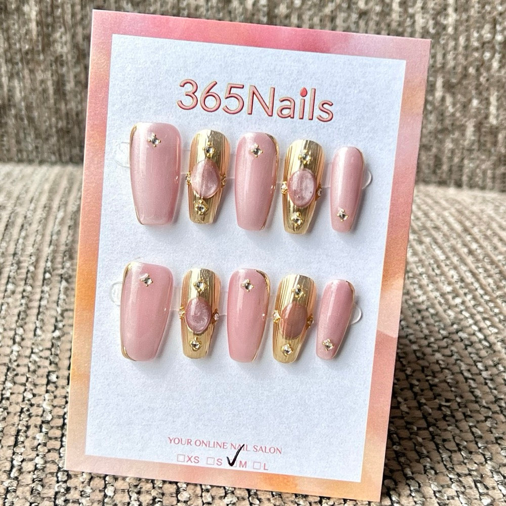 365nails: "Blush Opulence" – Gemstone & Gold Foil Handmade Short Square Nails