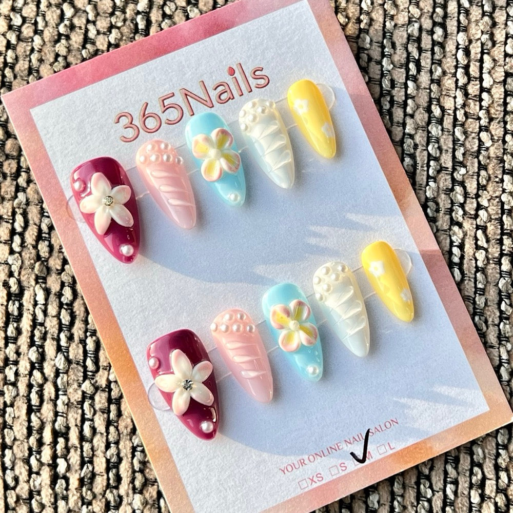 365nails: "Colorful Flower Pearl Wave 3D" – Handmade Medium Stiletto Press-On Nails
