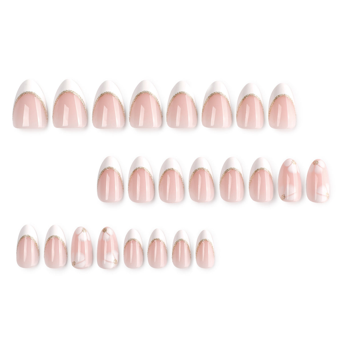 Full set of 24 almond press-on nails laid out in rows on white background