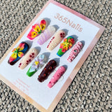Handmade "Tropical Rainforest" Mixed Media Press-on Nails | Exotic 3D Flowers & Dew Drops | Long Coffin | 10pcs Set