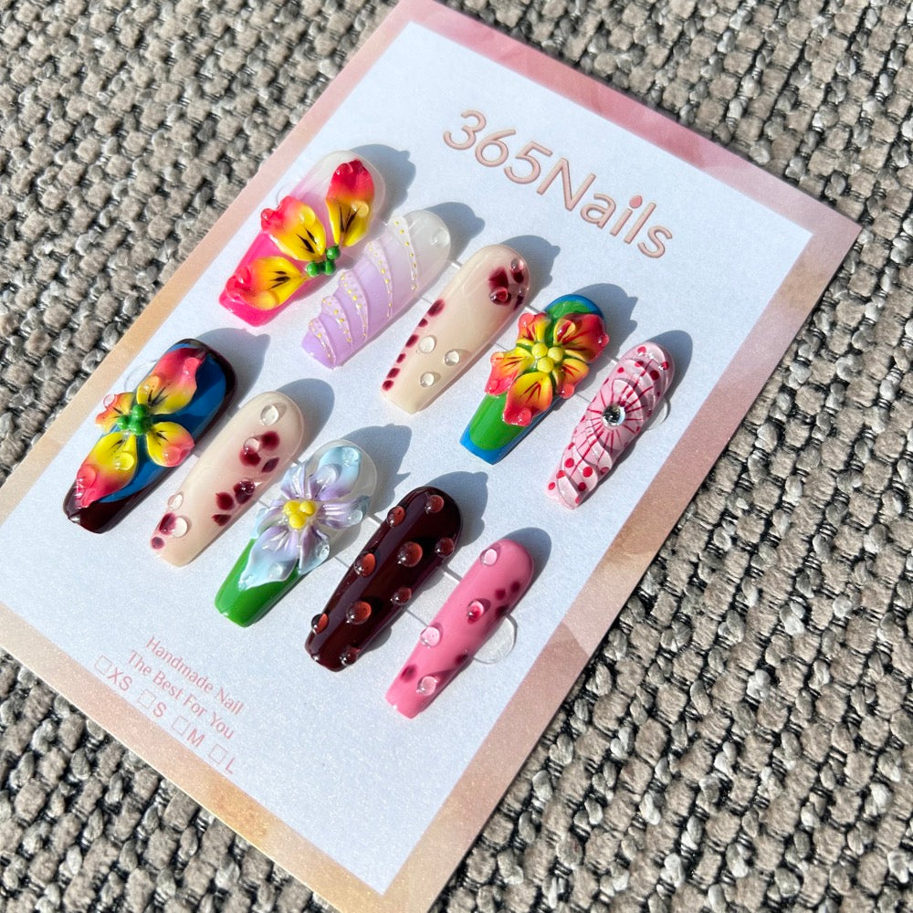 Handmade "Tropical Rainforest" Mixed Media Press-on Nails | Exotic 3D Flowers & Dew Drops | Long Coffin | 10pcs Set