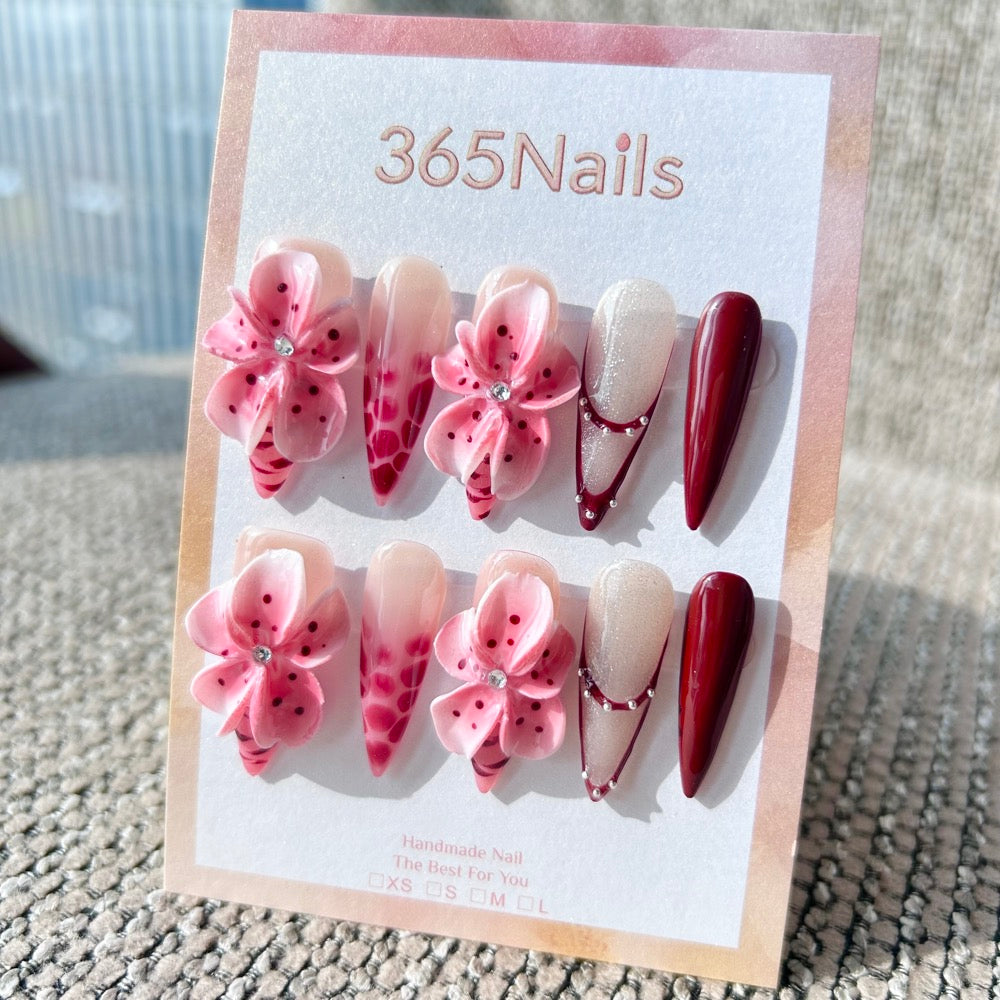 Sculpted Flora: "Burgundy Blossom" – 3D Pink Floral & Deep Wine Red Patterned Long Stiletto Nails