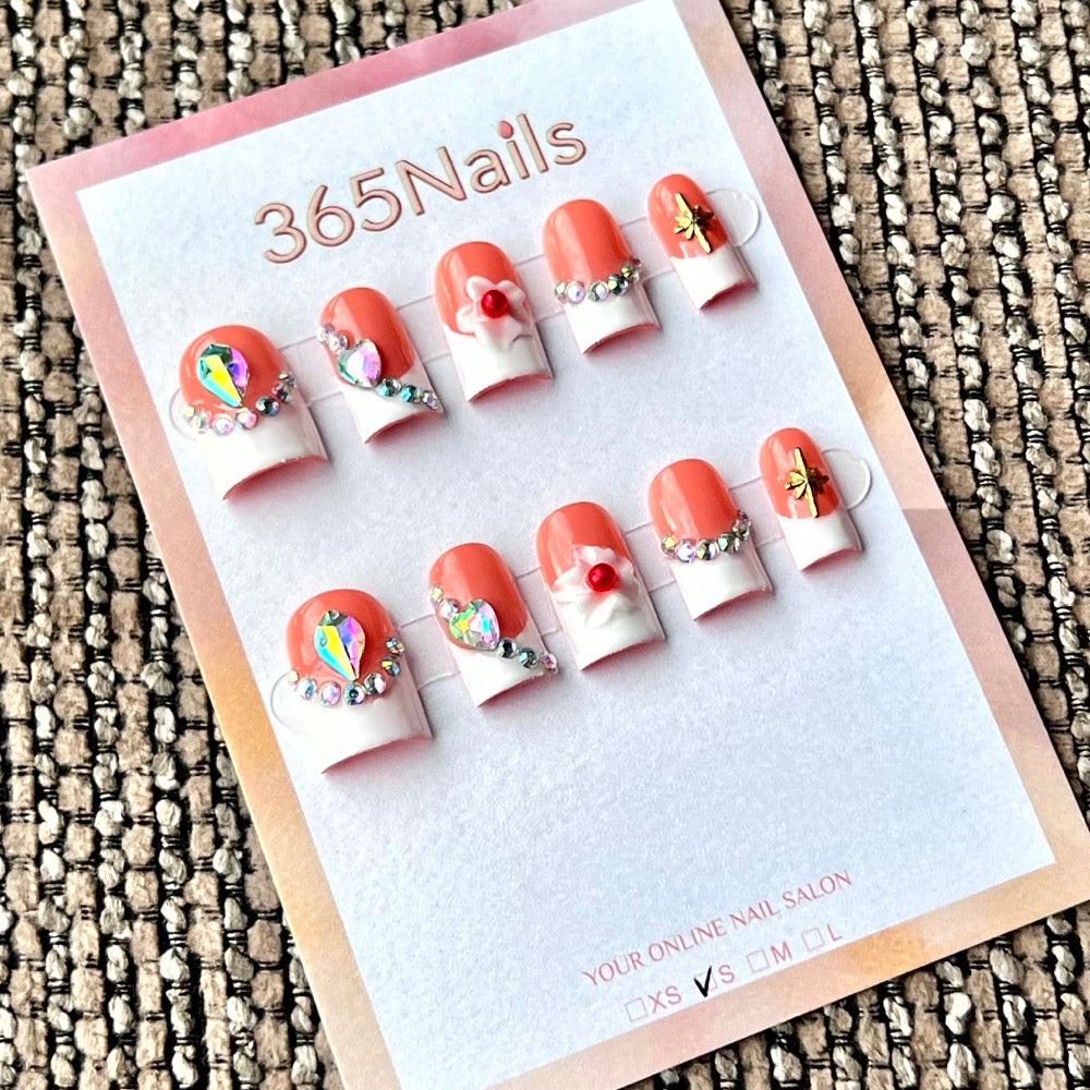 Pêche manucure française avec cristal et fleur - Vente en gros : ongles press-on ultra-doux, ajustement flexible, fait main (MOQ=100)