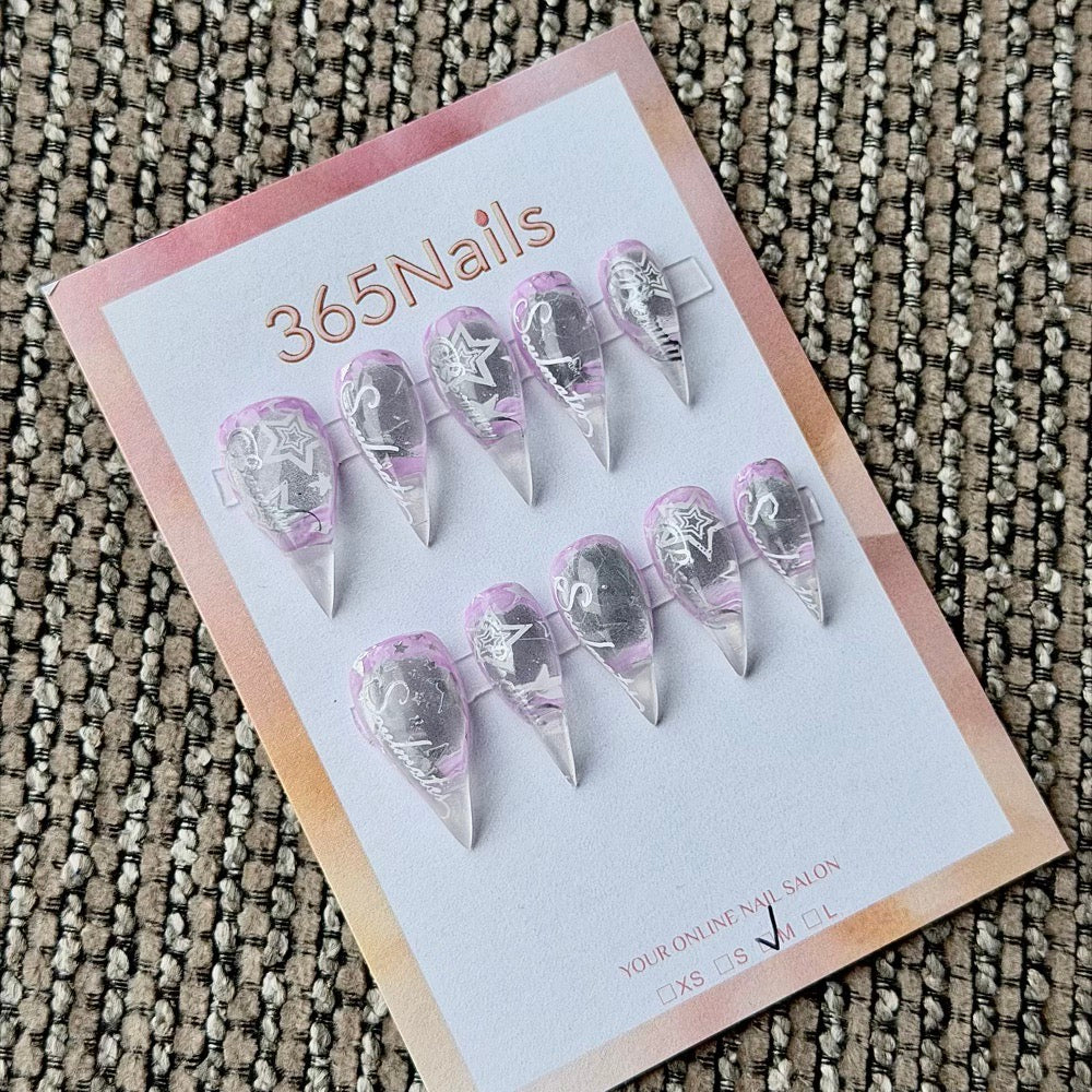 365nails: "Lavender Silver Star Script" – Silver Foil Handmade Long Stiletto Nails