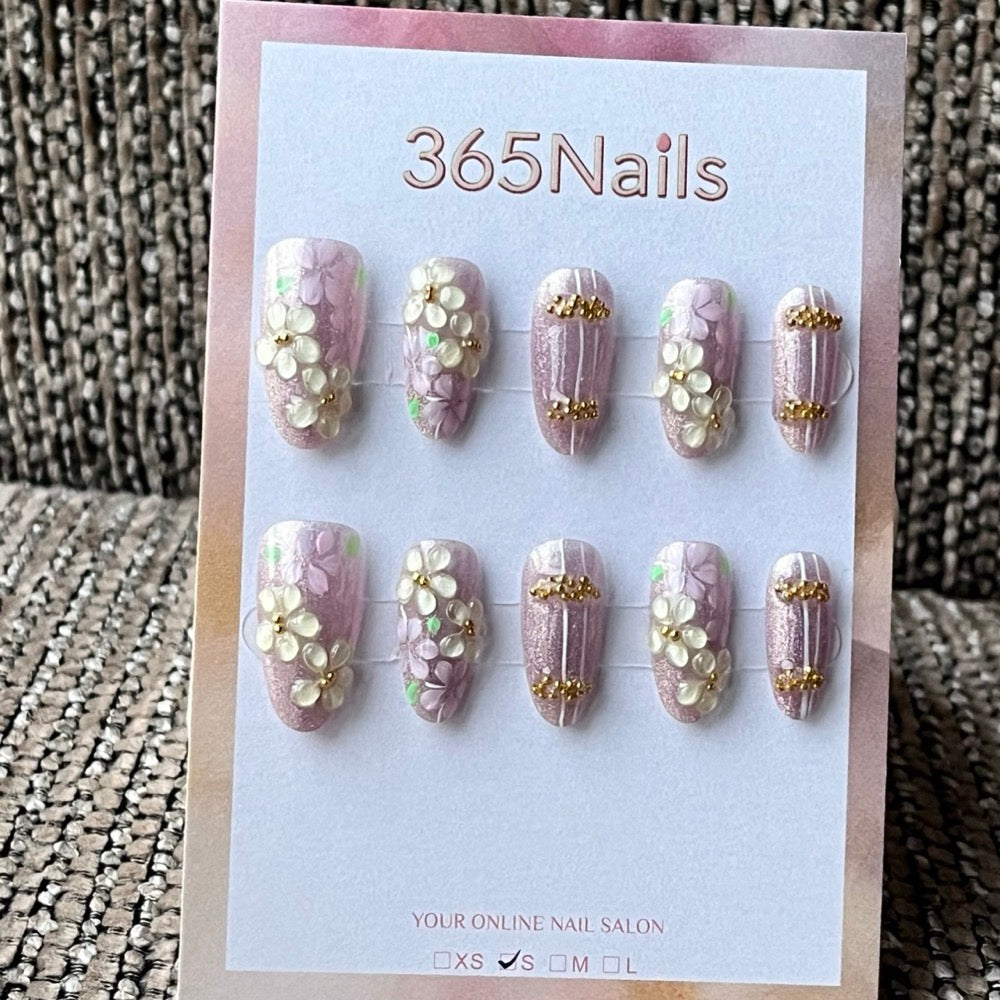 Pink 3D Floral Glitter Press-On Nails
