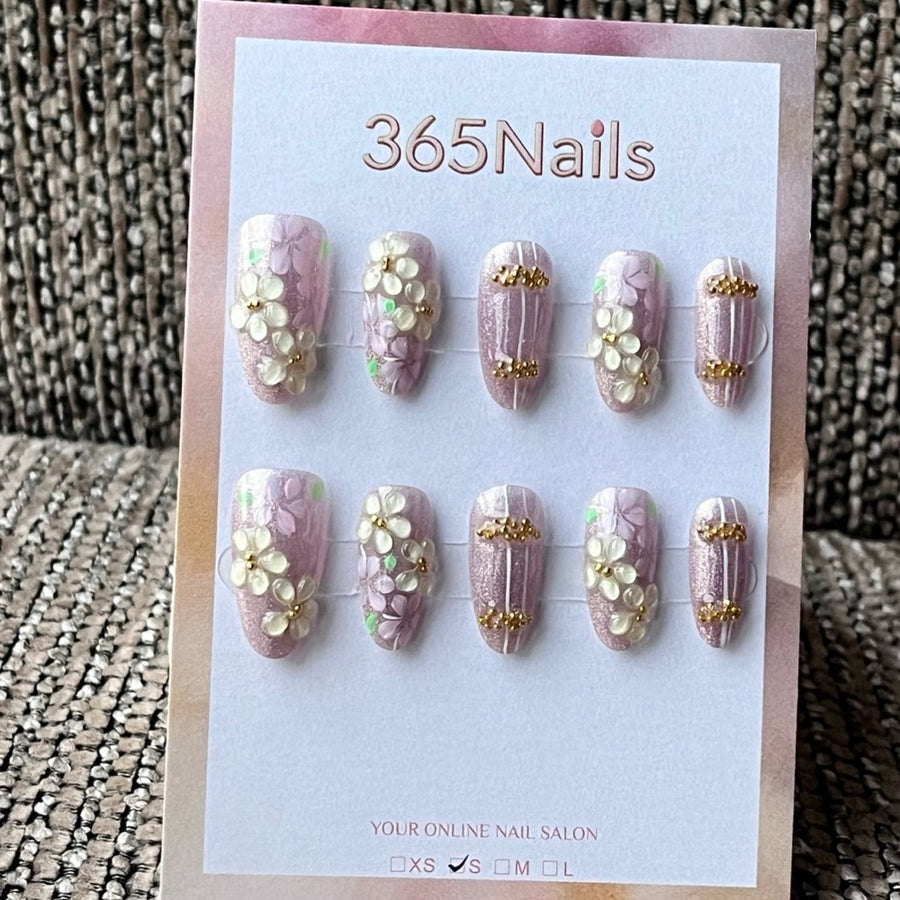 Pink 3D Floral Glitter Press-On Nails