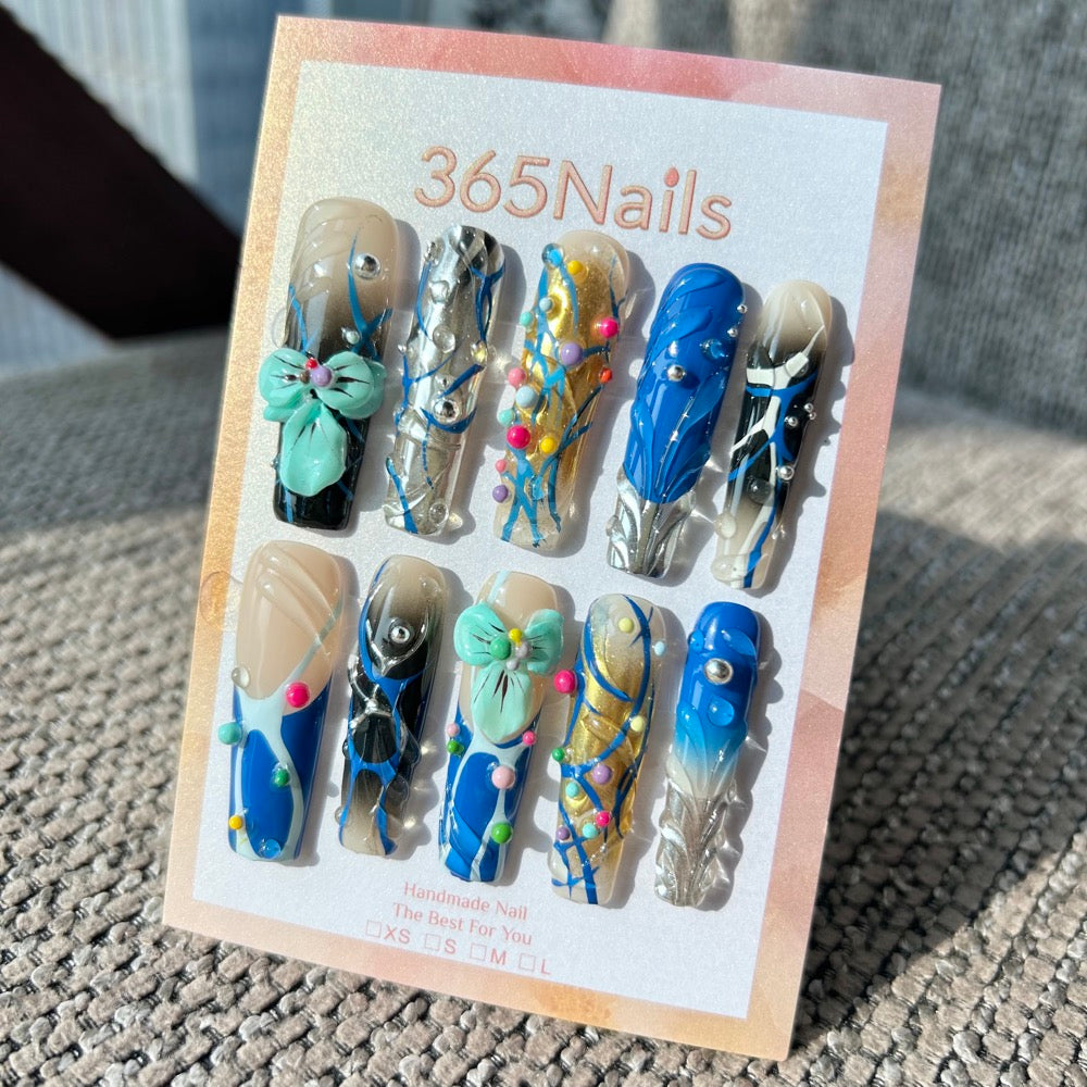 Handmade "Cyber Garden" Mint & Cobalt Blue Press-on Nails | Abstract Lines & 3D Bow | Long Coffin | 10pcs Set