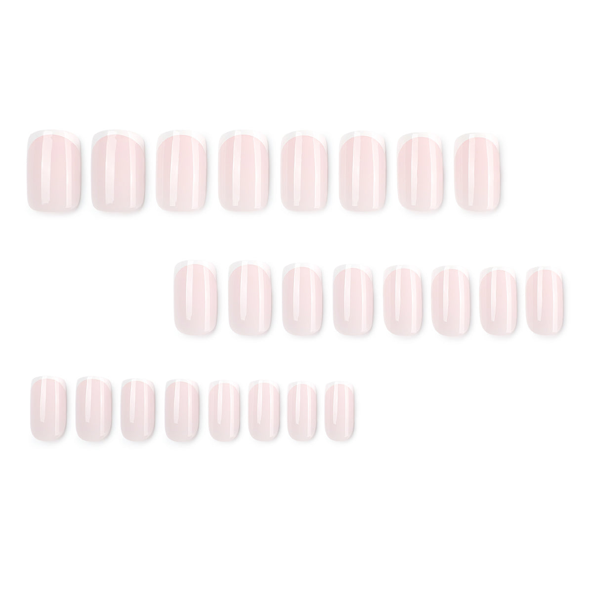 Set of 24 pale pink French tip press-on nails arranged in rows