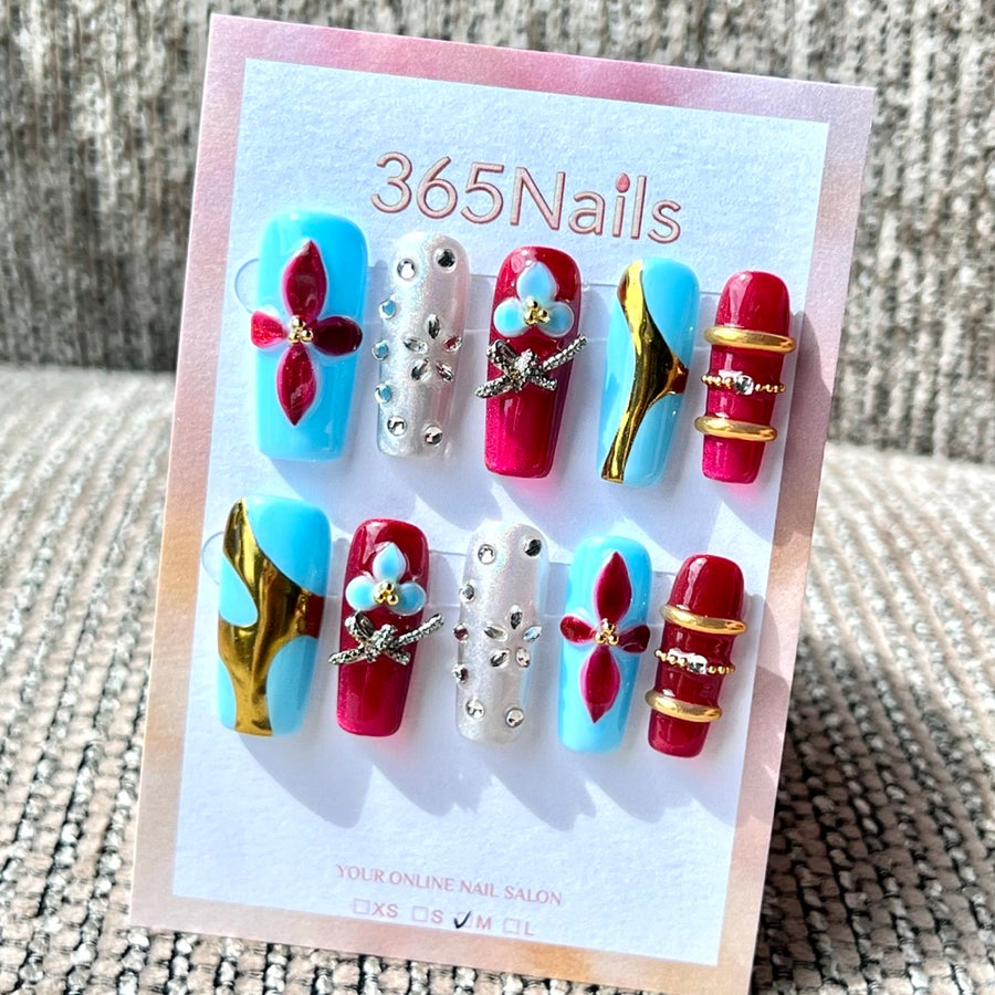 365nails: "Bold Colorblock Floral Glam" – Handmade Medium Square Press-On Nails