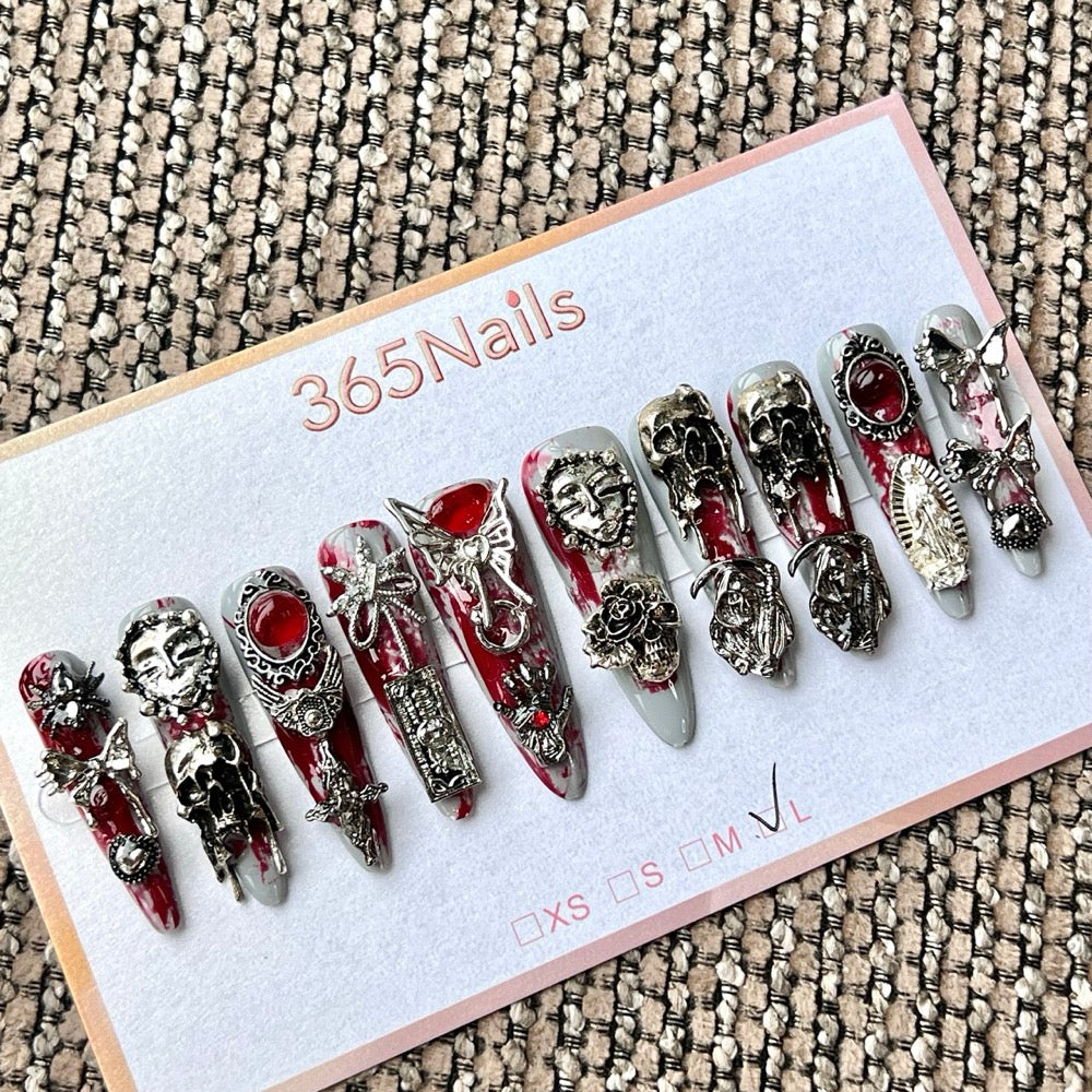 365nails: "고딕 블러드 로맨스" – 수제 울트라 롱 스틸레토형 프레스온 네일