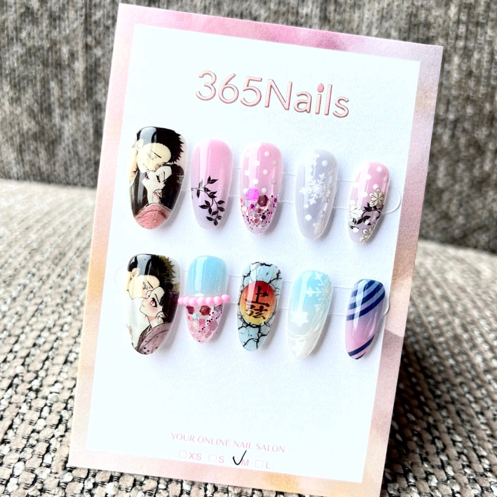 365nails: "Demon Slayer Douma & Kotoha" – Handmade Medium Almond Press-On Nails