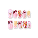 Pink and orange butterfly × 3D flower with rhinestones, medium square hand-painted press on nail