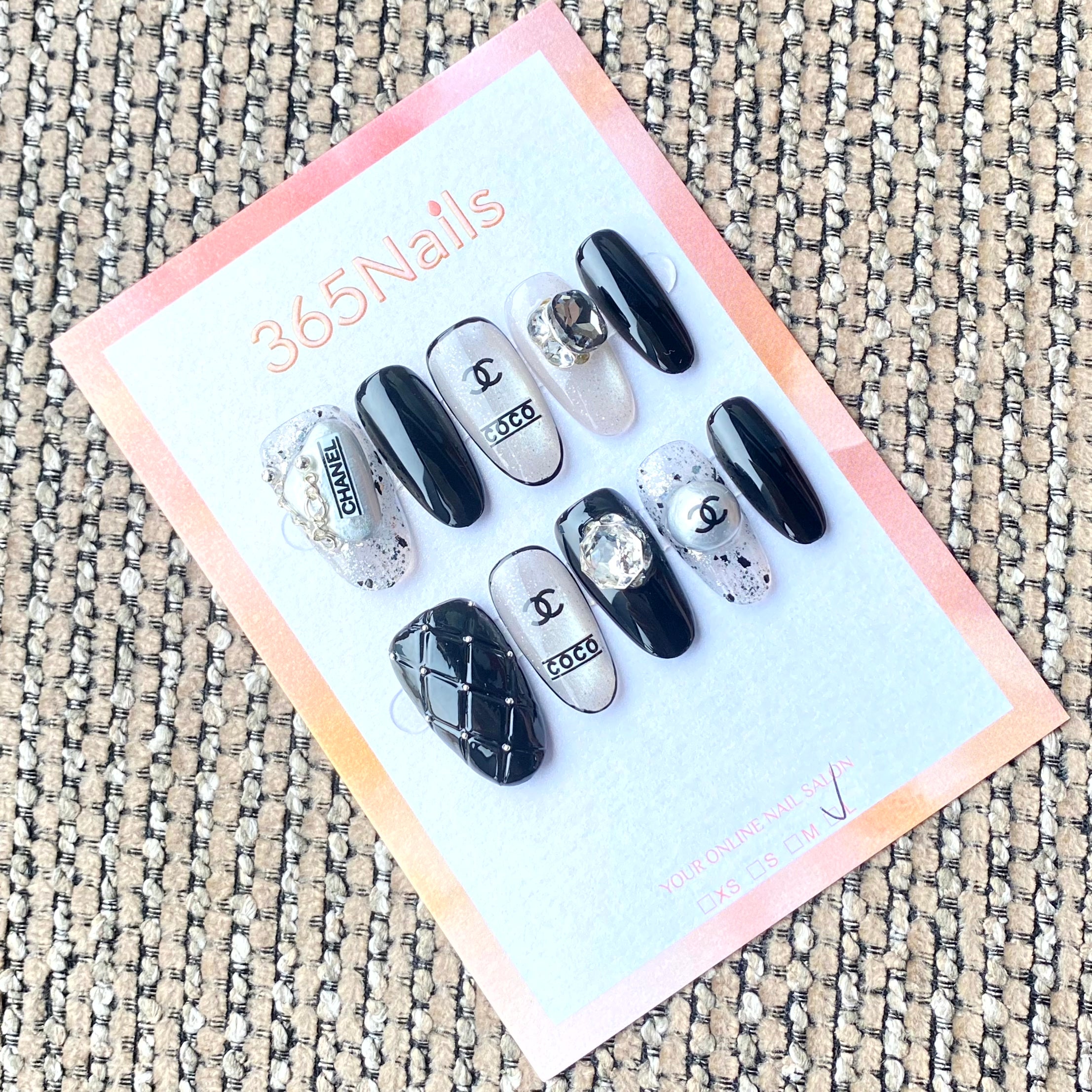 Luxury Logo 365nails: "Monochrome Coco" – Quilted Leather & Silver Chrome Handmade Squoval Nails