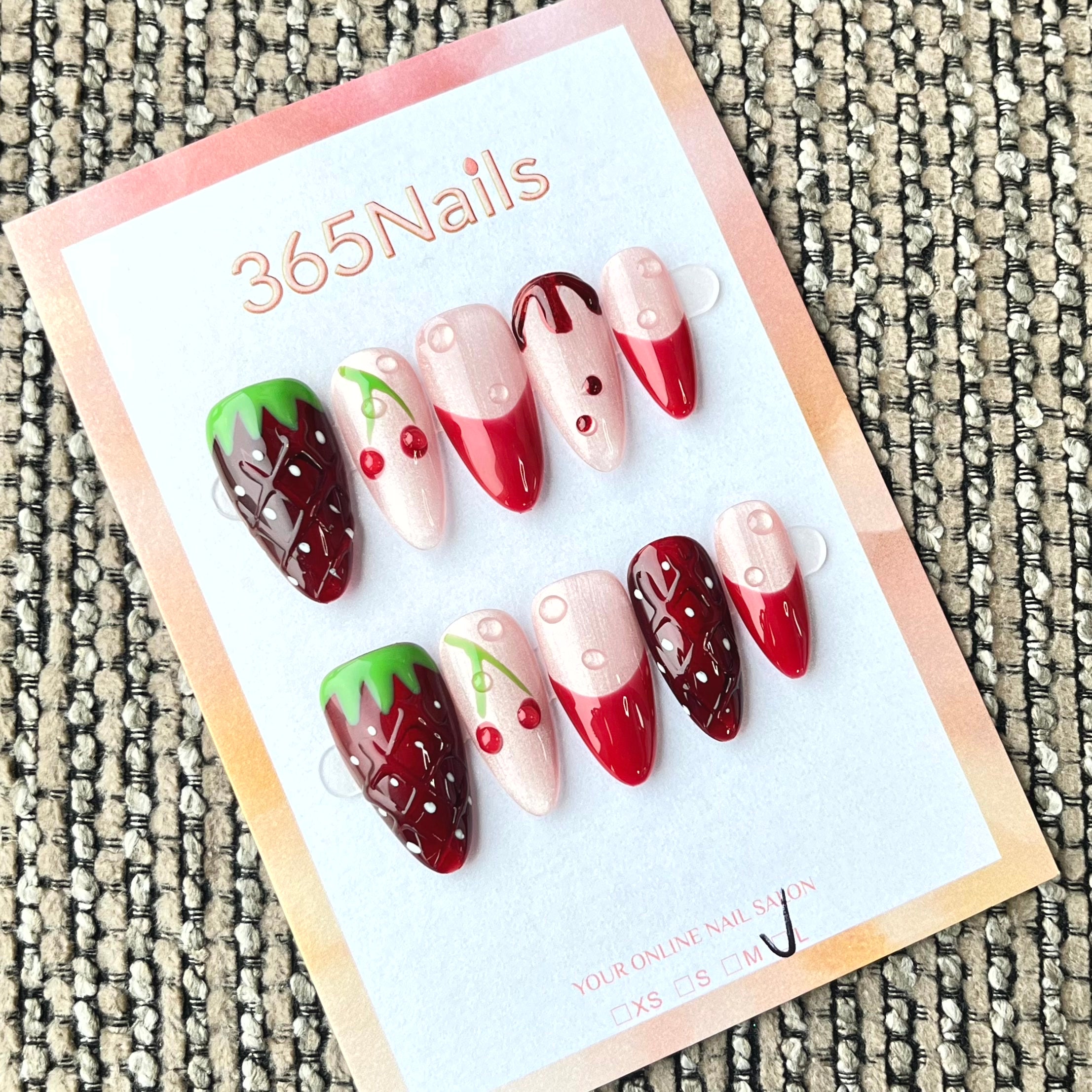 365nails: "Berry Melody" – 3D Strawberry & Chocolate Handmade Stiletto Nails