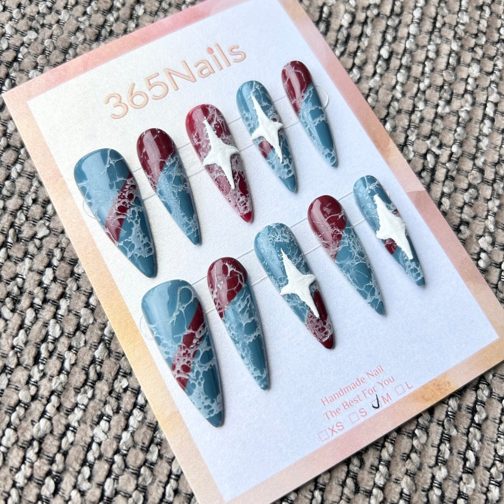 Femme Fatale: "Fractured Tide" – Dusty Blue & Dark Red Color Block with White Marble Crackle Texture & 3D Star Relief Long Stiletto Nails