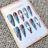 Femme Fatale: "Fractured Tide" – Dusty Blue & Dark Red Color Block with White Marble Crackle Texture & 3D Star Relief Long Stiletto Nails