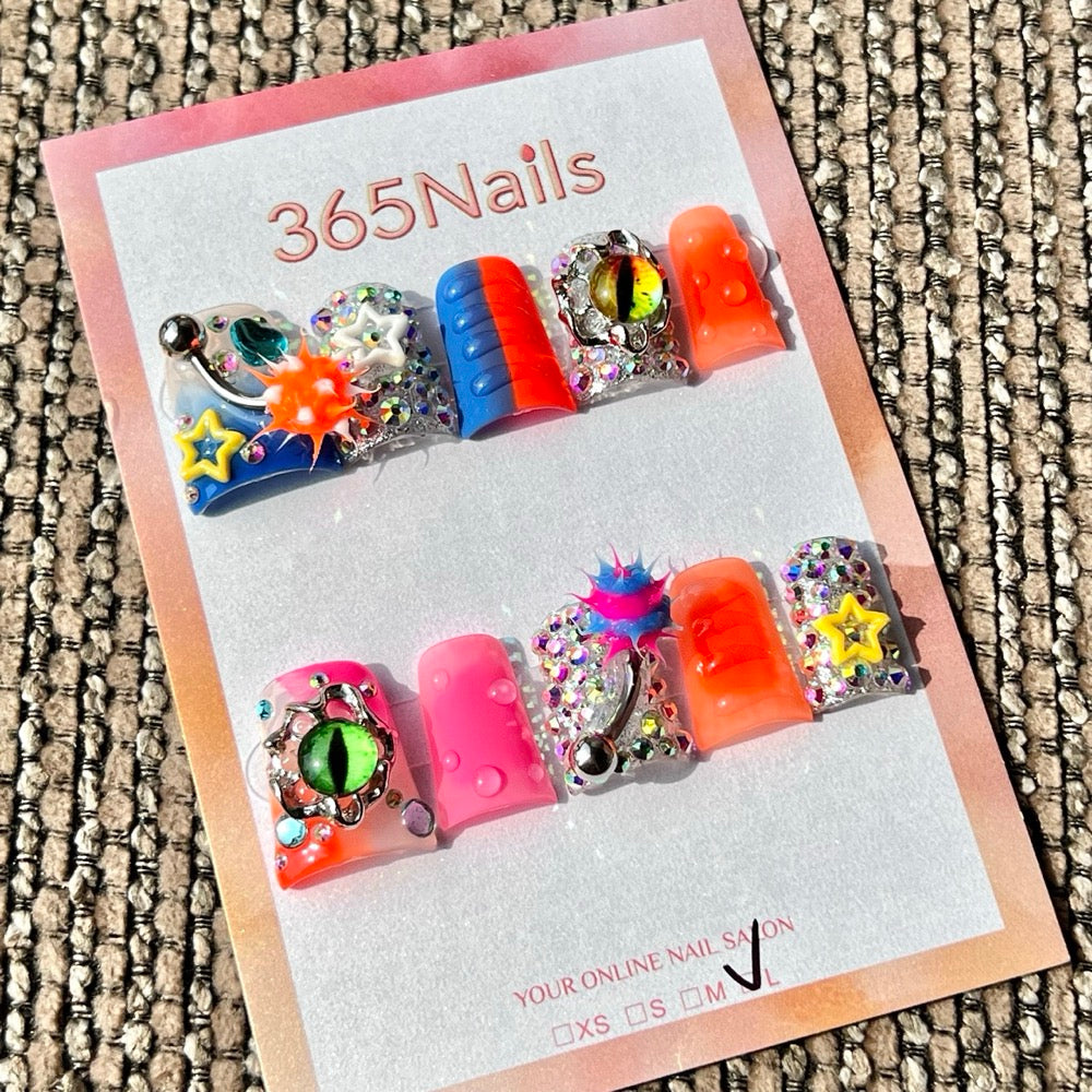 365nails: "Colorful Monster Eye Star Short" – Handmade Short Trapezoid Press-On Nails