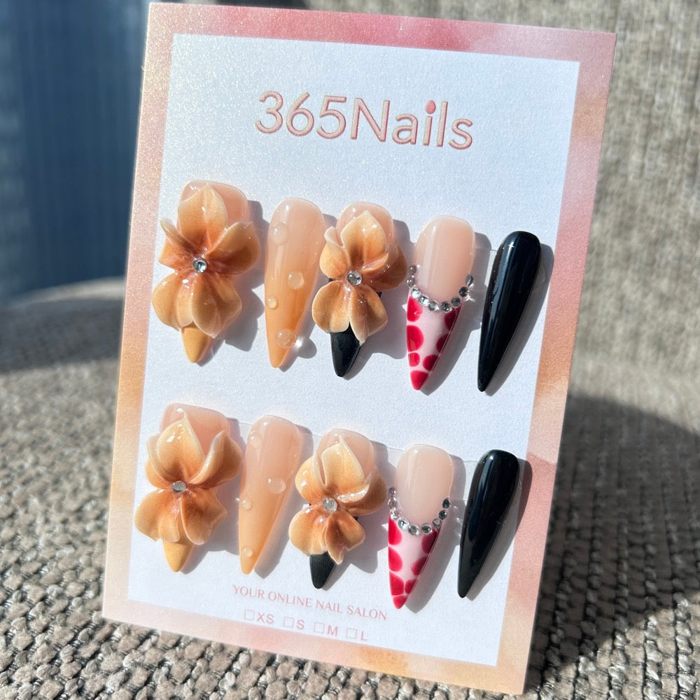 Sculpted Flora: "Caramel Leopard Noir" – 3D Caramel Flowers, Pink Leopard Print & Dewdrops on Black Stiletto Nails