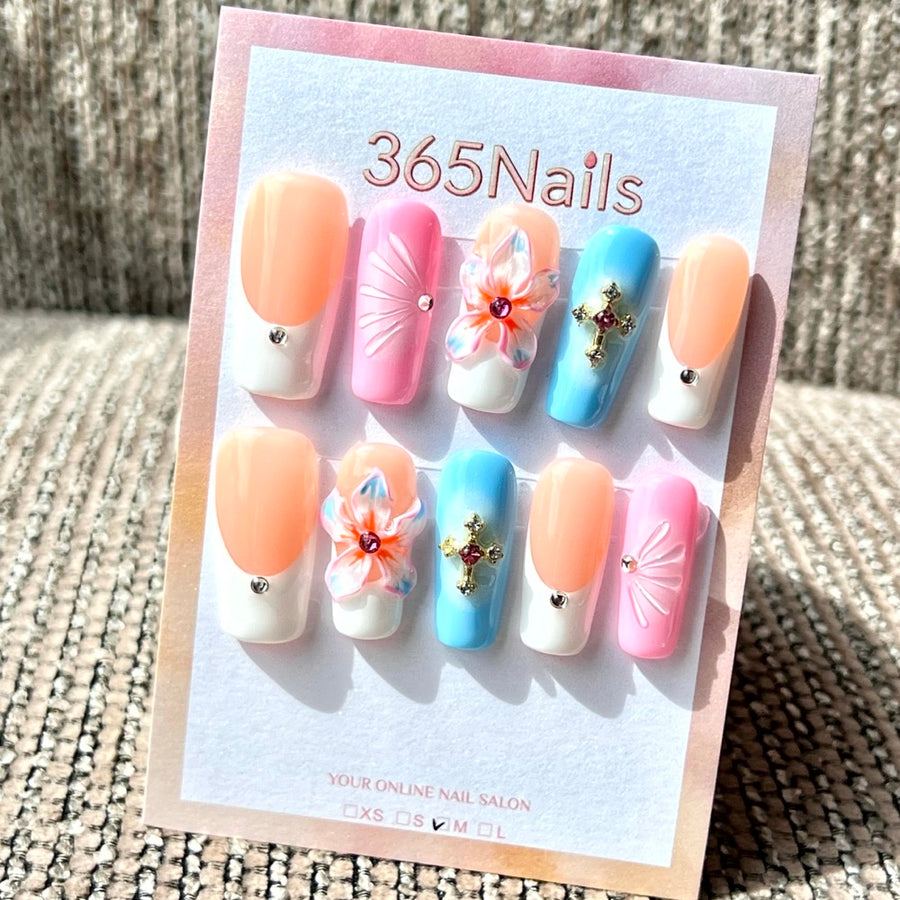 365nails: "Pastel Tropical Bloom" – Handmade Medium Square Press-On Nails
